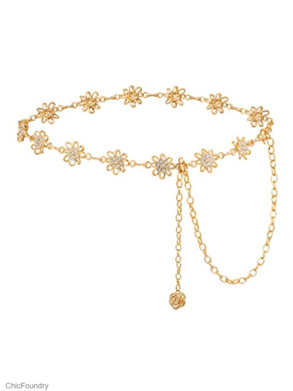 Waist Chain Belt Women Rhinestone Alloy Curb Gold Waist 47in Dress